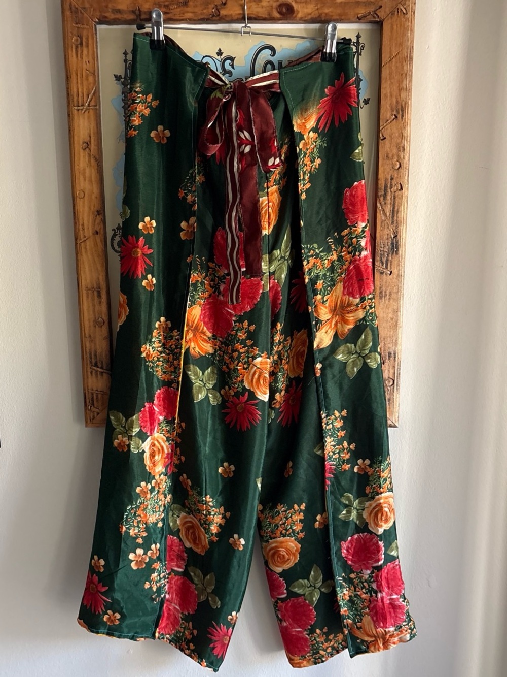 Boho Floral Yellow & Green Reversible Tie Silk Pants - Picture 2 of 6